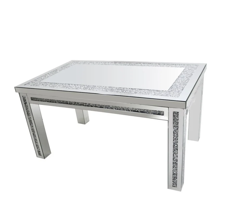 Hot Selling Sparkly Silver Mirrored Dining Table Crushed Diamond Top 4 Legs dining room furniture