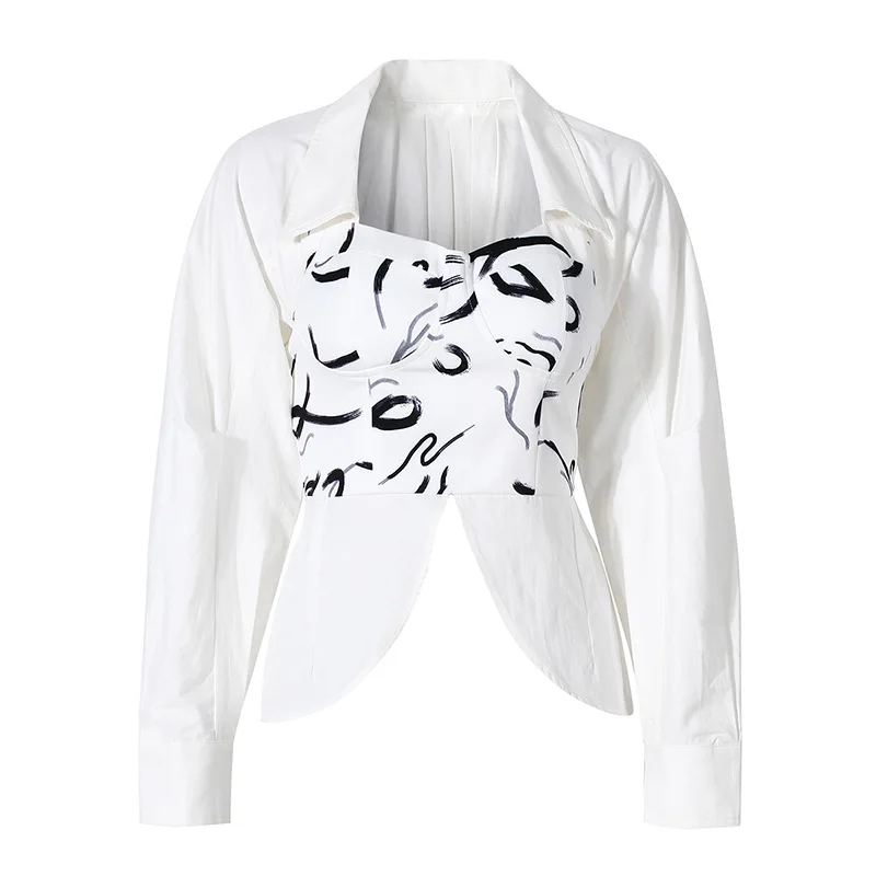 Two Piece Set Women Blouse Corset Shirt Black Printed Pattern Corset Attached White Blouse Full Short Adults High Street Support