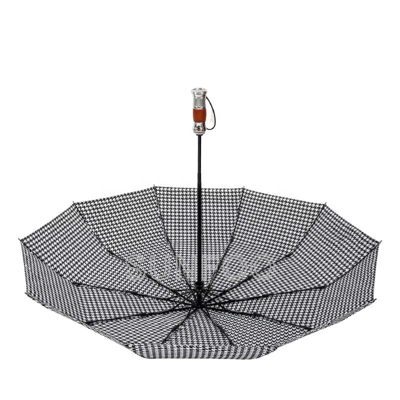 Super Fashion Houndstooth Design Compact Travel Rain Auto 3 Fold Umbrella