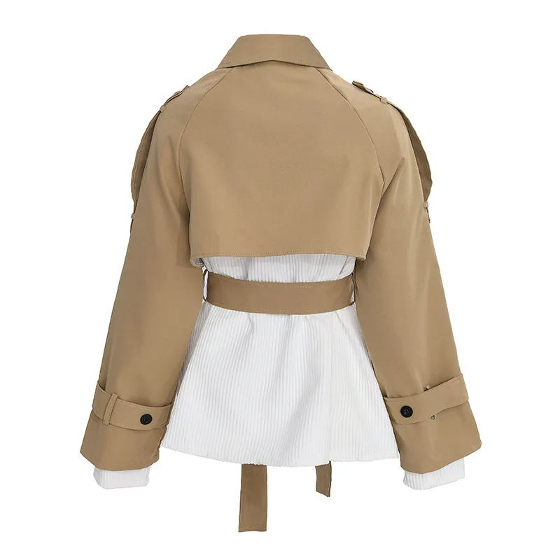 Vintage Woven Winter Trench Coat Temperament Commuter Ladies Short Khaki Polyester Lining Women's Coat Print Thin Breathable