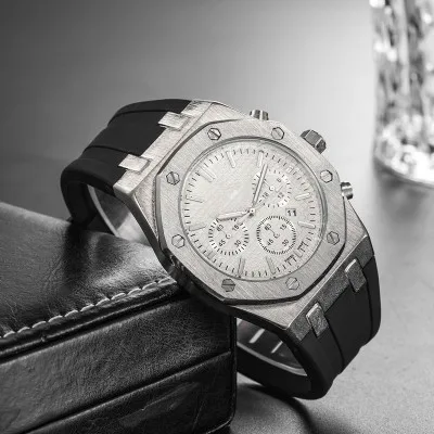 Лидер продаж Amazon, модные мужские кварцевые часы с тремя глазами из силикона и розового золота