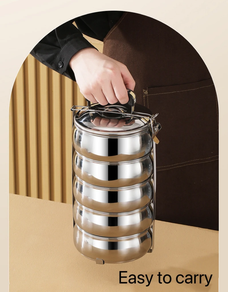 newest style 2/3/4 layer round drum shape lunch box tiffin box heatable stainless steel with food carrier