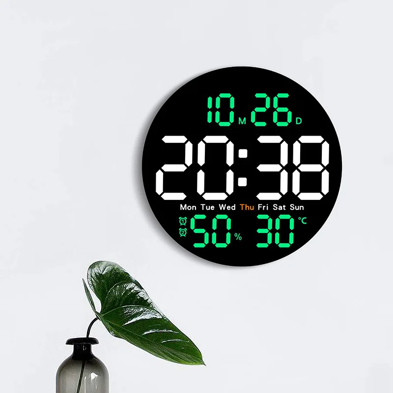 10 Inch Round Large Mute Digital LED Wall Clock Date Temperature Humidity Display Electronic Desk Table Clock Living Room Decor