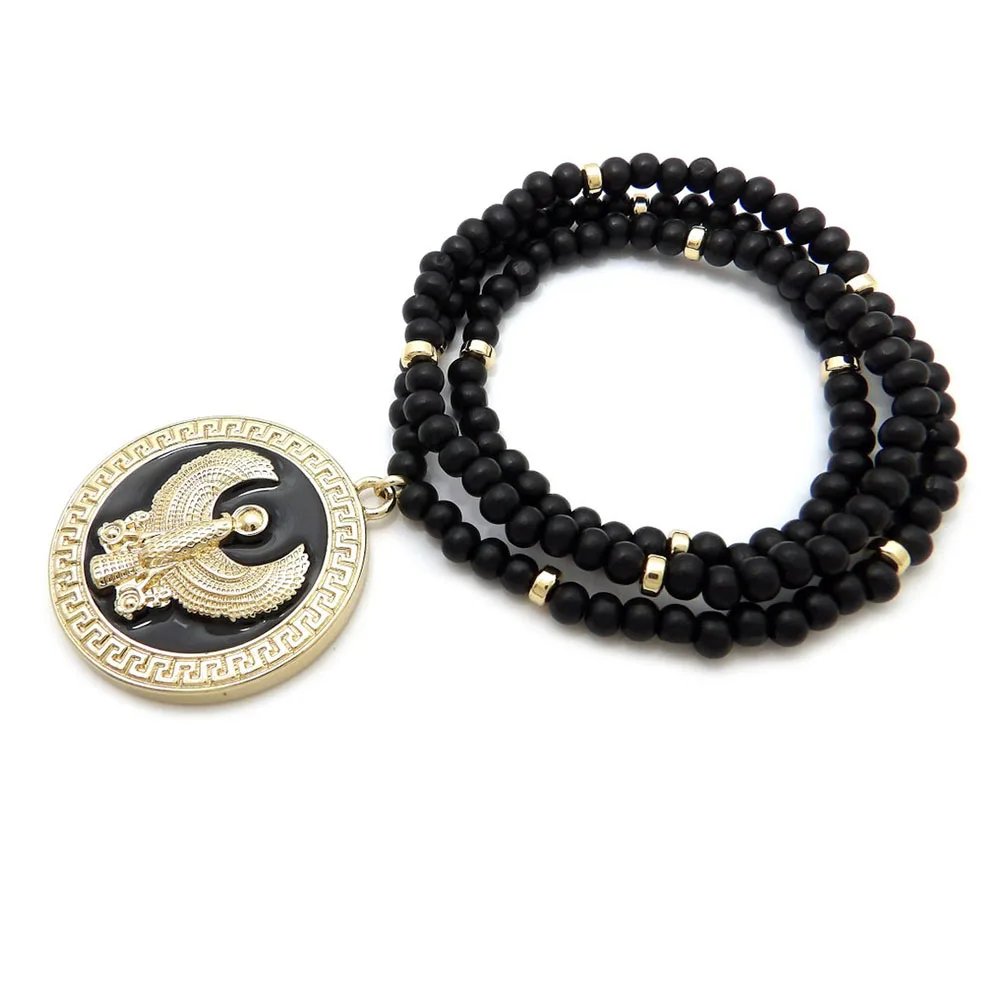 Hip Hop Egyptian Bird Pendant 8mm Wood Bead Chain Necklace