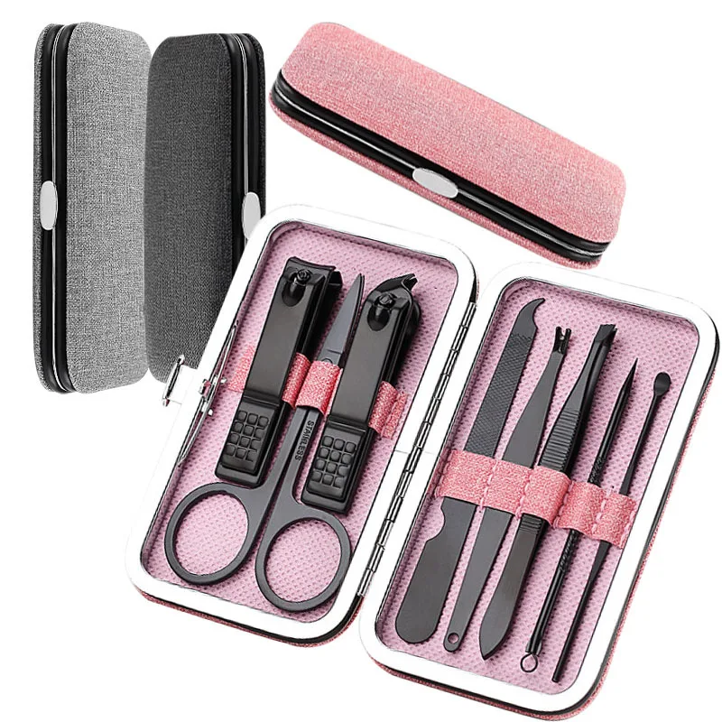 8 pcs girls black stainless steel manicure set in black pink gray case