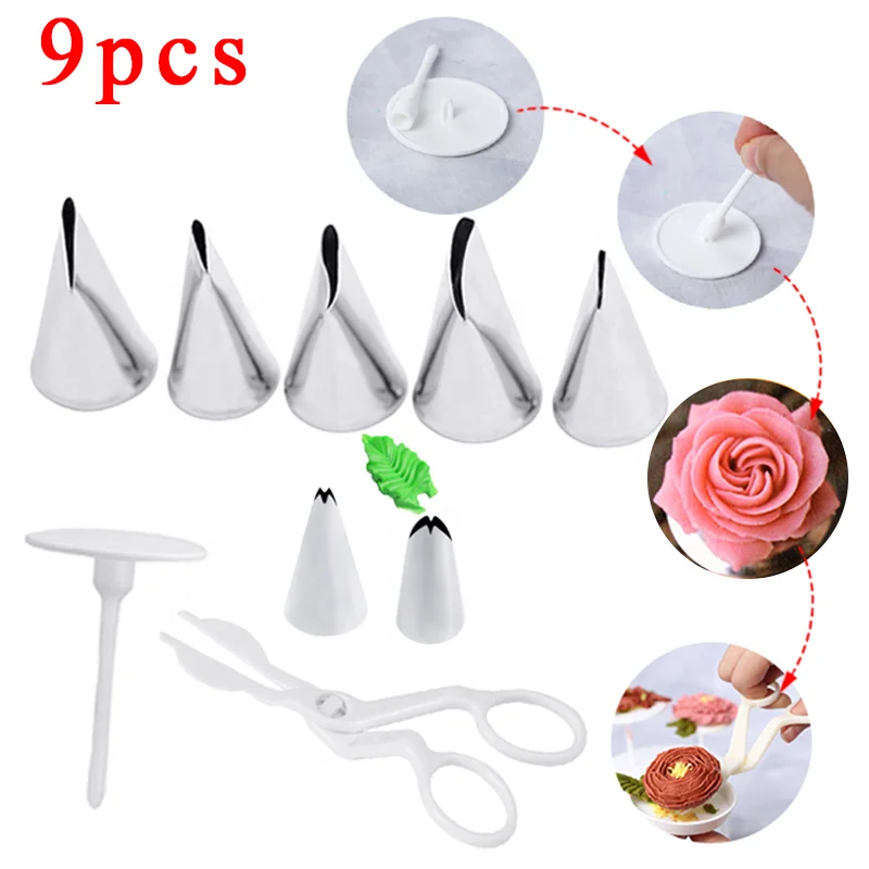 9Pcs/set Flower Scissor Cake Tray Tulips Rose Nozzle Nail Decor Lifter Fondant Cream Transfer Baking Pastry Kitchen