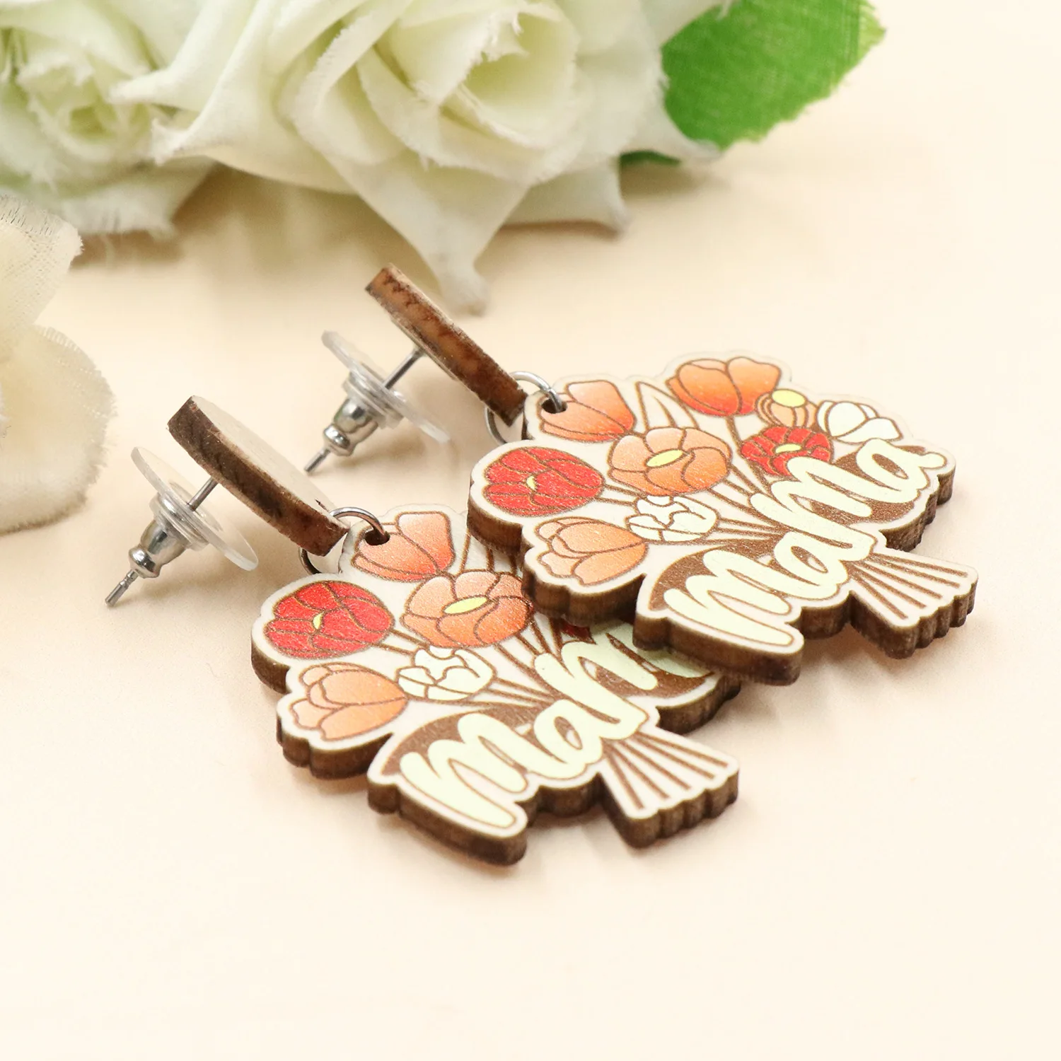 2024 New Vintage Flower Hanging Earrings MAMA Cute Wooden Jewelry