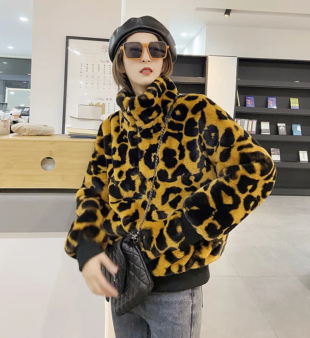 2024 new style hot sale winter jacket women leopard print dark color European and American model faux fur coat