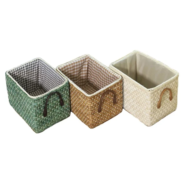 Wholesales  new style rectangular straw woven baskets corn leaf storage basket with pu leather handles