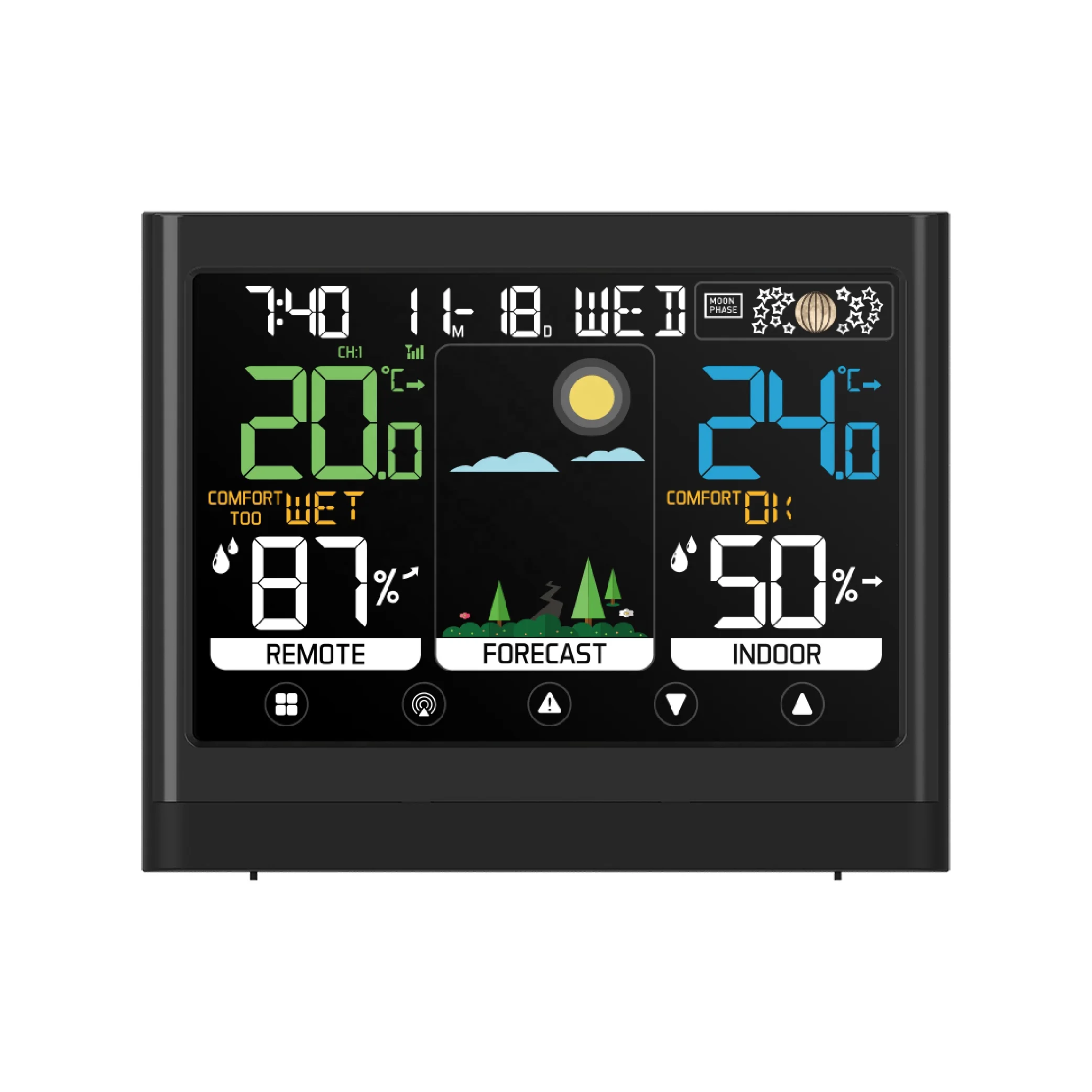 433MHz wireless RF color weather station clock with touch keys and indoor outdoor temperature humidity moldy risk alert