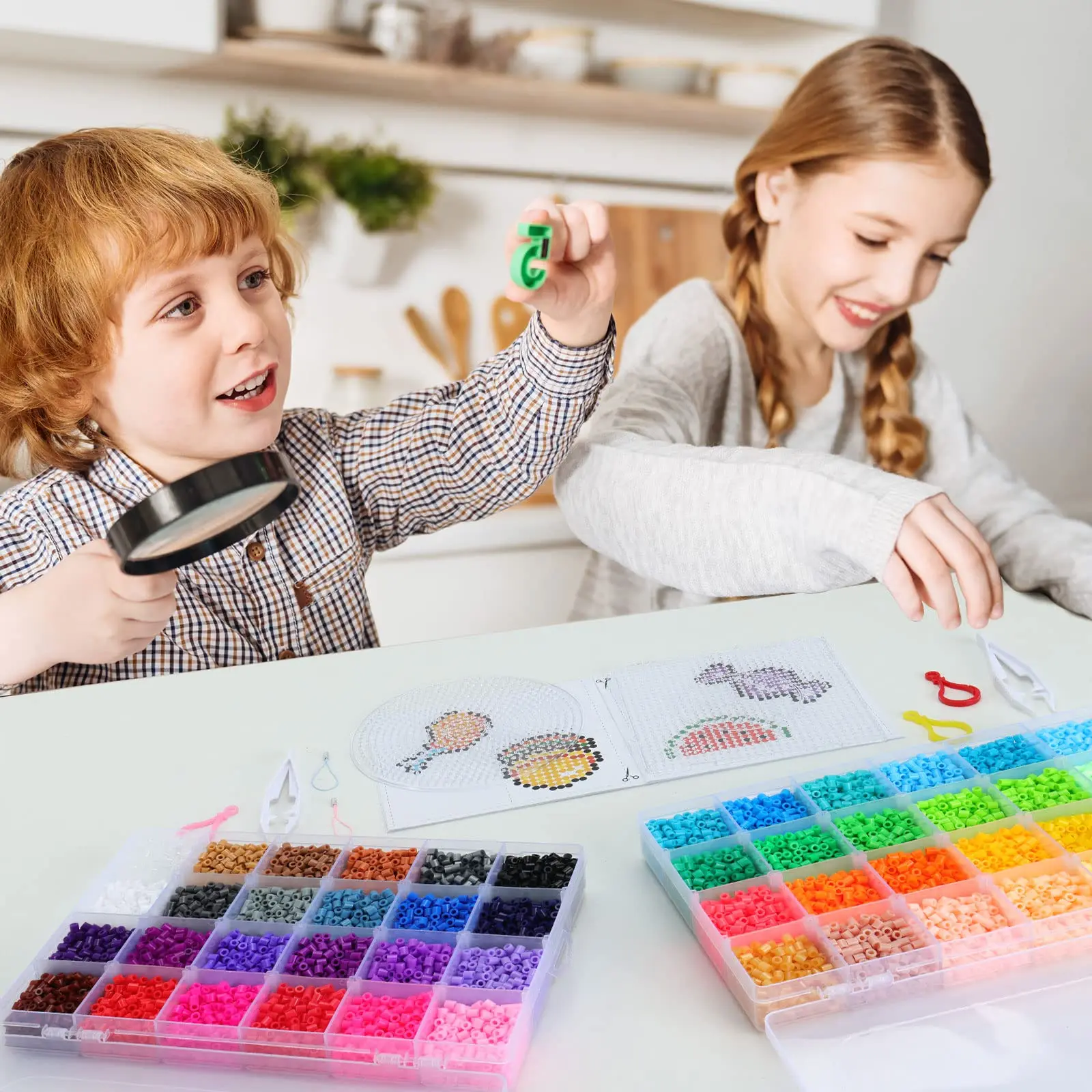 Fuse Beads Kit for Kids 48 Colors 5mm Iron-On Beads 6 Pegboard 5 Tweezers 20 Colorful Hooks for Crafts and DIY Projects