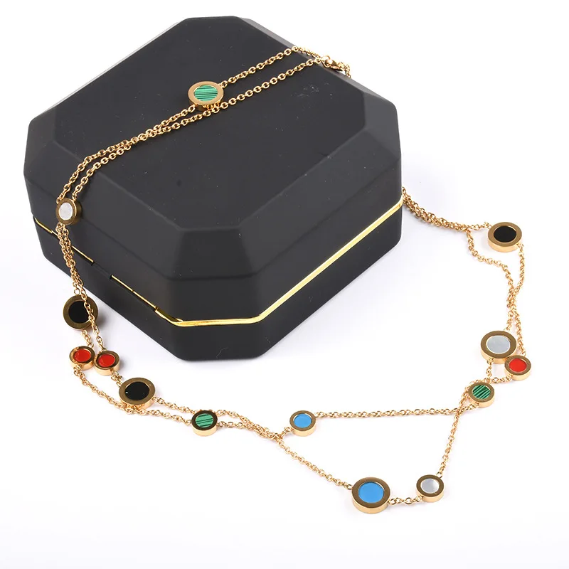 18K PVD Gold Plated Titanium Steel Trendy Layered Color Round Charms Satellite Fashion Necklace Jewelry For Women Girls