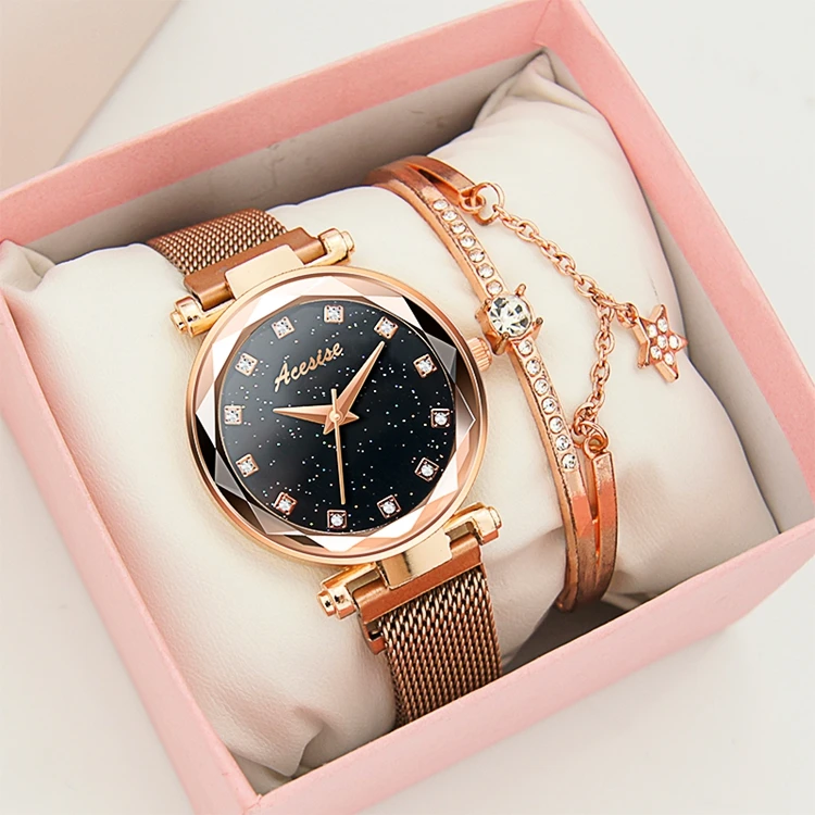 Relogio Feminino Quartz Stainless Steel Band Mesh Magnet Buckle Starry  Wrist Ladies Watch High Quality