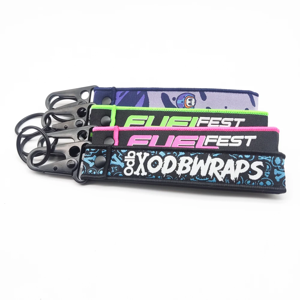 Hot Sale Promotional Custom Logo Embroidery Rfid Jet Tag Fabric Keyring Woven Keychain