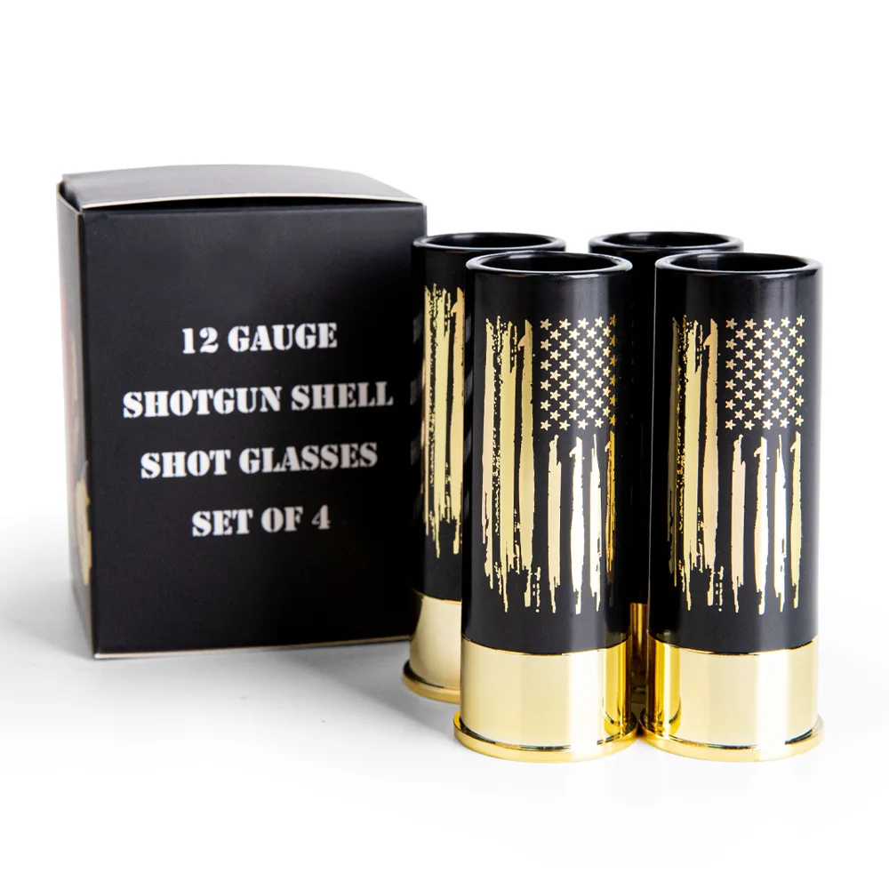 American Flag Skull Christmas Pattern Gilding Shotgun Shell Shape Tequila Shot Glasses Four Pieces Set