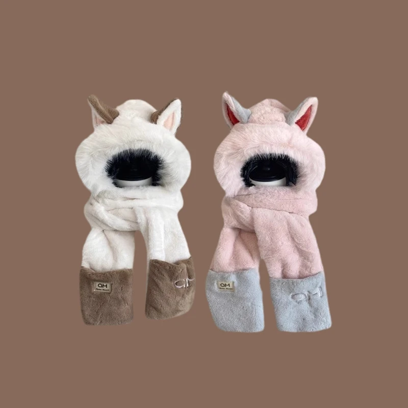 Winter Fox Ears Plush Hat Women Warm Ear Protection Scarf Gloves Set Ski Hat