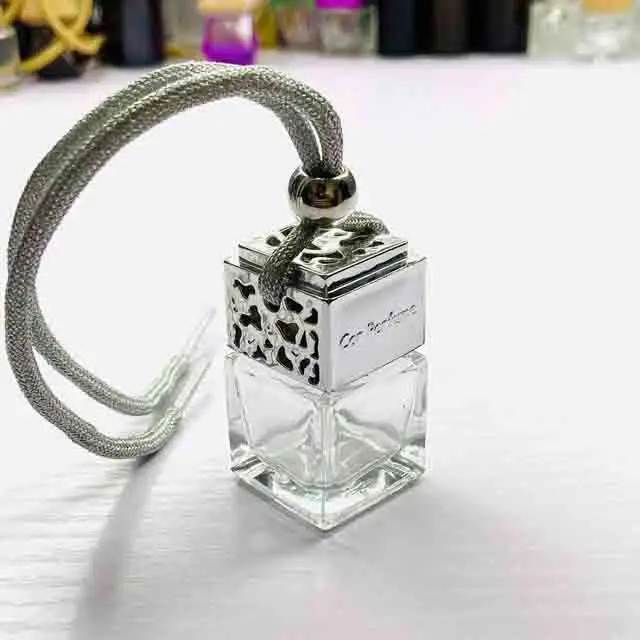 Best Price Luxury Car Diffuser Square Shape Black Gold Silver Cover Wooden Lid with Colorful Hanging Rope Car Perfume Bottle 8ml