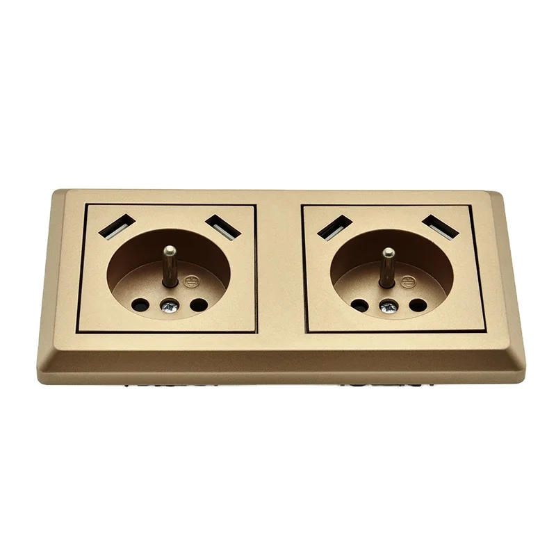 Golden Color 6.8A  Double USB AC Plug Schuko Socket Electrical Outlets Power Wall Socket For French Poland Turkey Market