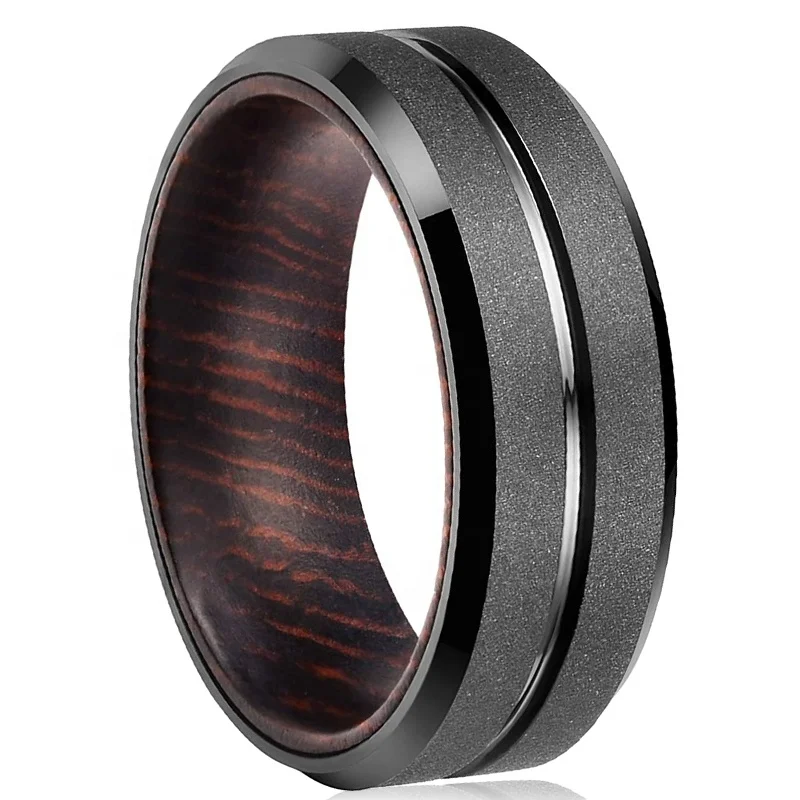 8mm 6mm 4mm Black Sandblasting Grooved Tungsten Carbide Rings with Inner Inlaid Rosewood