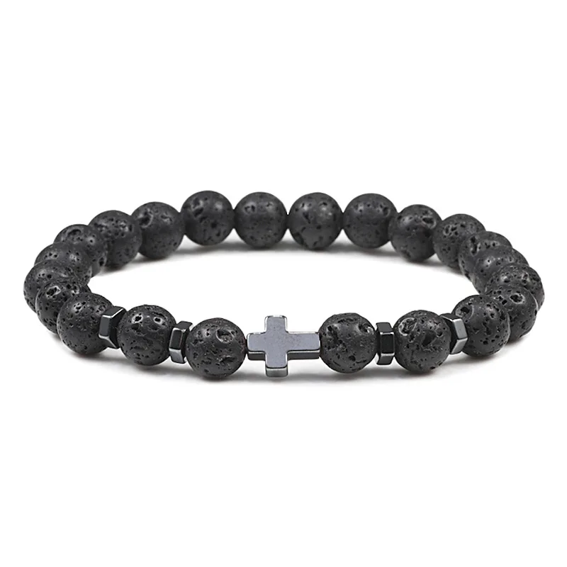 Turquoise Tiger Eye Lava Stone Bracelet Stretch Beaded 8mm Healing Hematite Natural Volcano Stone Cross Bead Bracelet for men