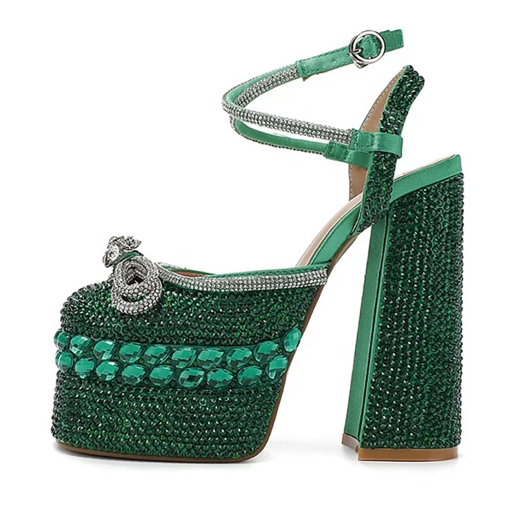 Handmade diamonds stones chunky high heeled sandals round toe green colors high heel sandals with platform