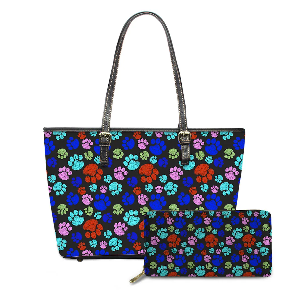 
purle/blue/yellow/red animal dog cats claw paw print bags leather tote handbag large all over paw pattern purse shoulder bags 