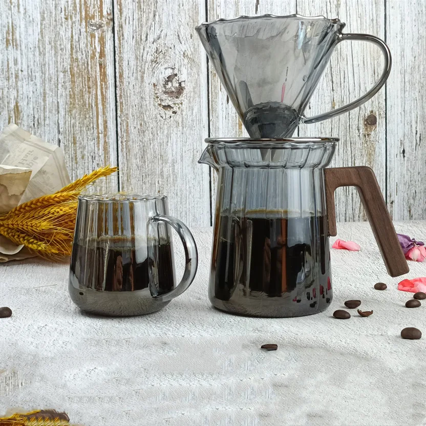 Coffee Dripper Sharing Pot Cone Glass Funnel Portable Cappuccino Maker Filter Cup With Wooden Holder Coffee Server Stovetop