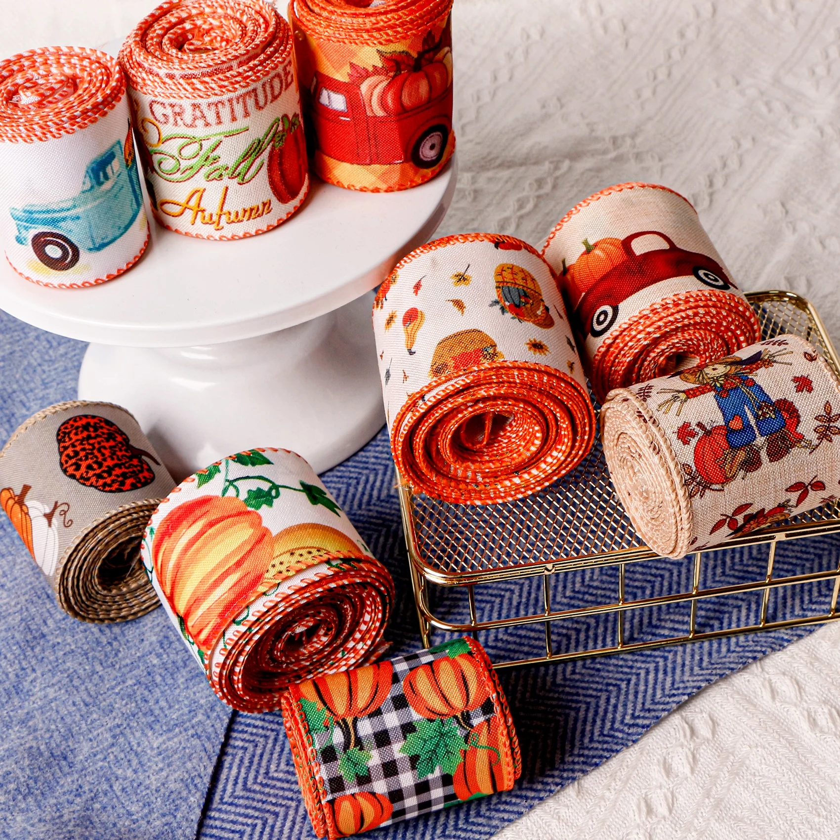 63mm Plaid Burlap Ribbon Buffalo Plaid Multi-Color Wired Edge Ribbon for Fall Thanksgiving Decoration