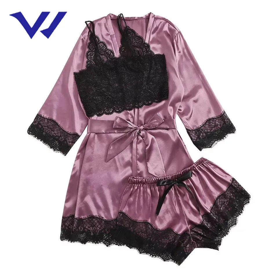 
Lingerie Set Robe 3 Pcs Ladies Satin Pajamas Sexy Night Wear Night Robes Women Shorts Sexy Sets 