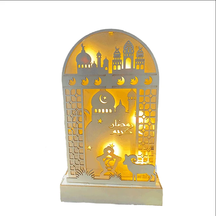 New Muslim Islamic Eid Mubarak Creative Wooden Led Wood Ornament Carving Crafts