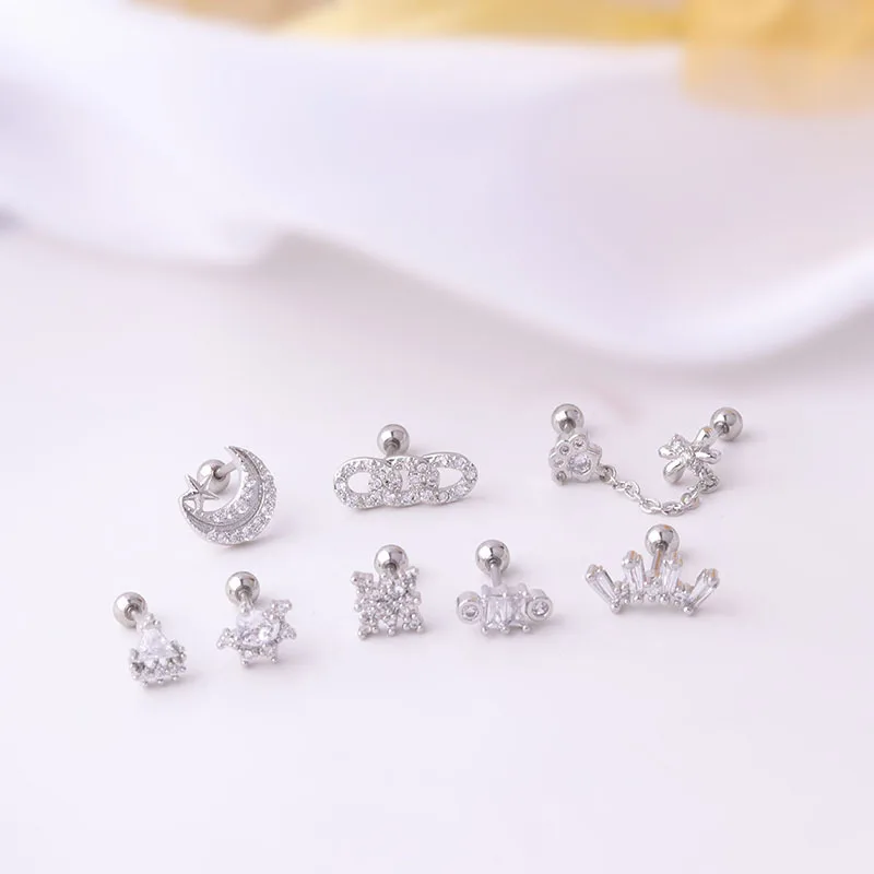 2022 New Arrivals European Style Micro Insert Geometric Shape 20G Titanium Tiny Rod Brass Piercing Stud Earring for Women