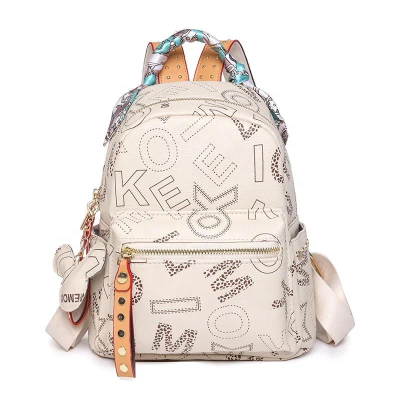 Wholesale Female PU Leather Backpacks Pure Color Letter-Print Travel Backpack Silk Scarf Wrapped Handle College Girls Bags