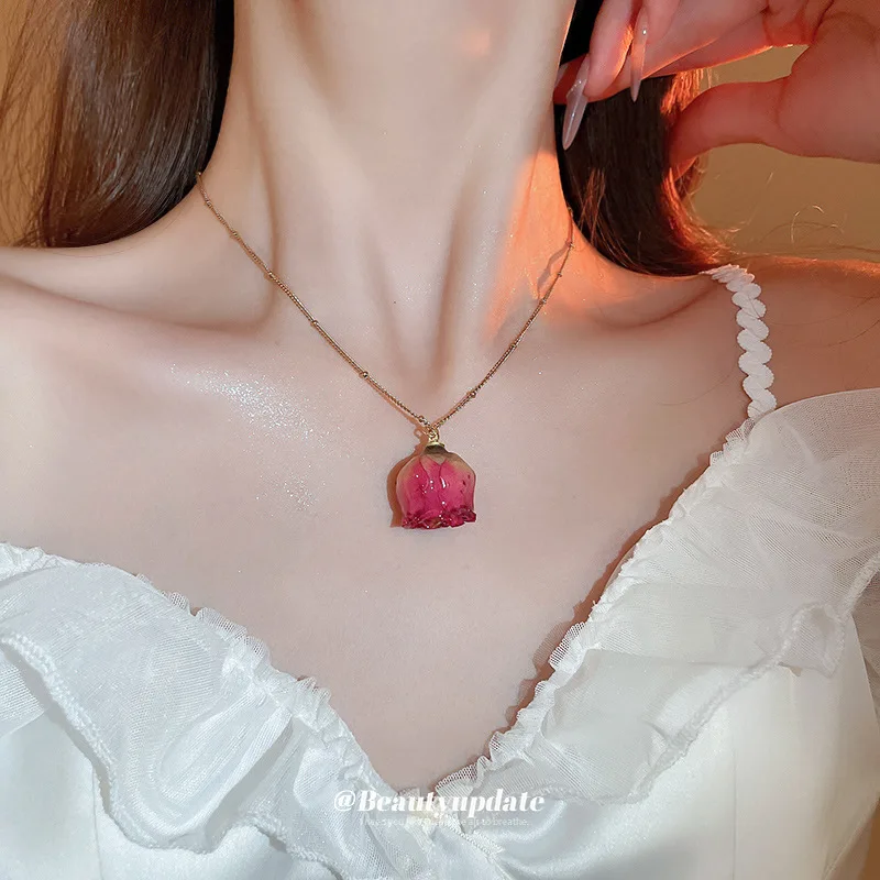 Titanium Steel Stainless Dried Rose Real Flower Ear Stud Necklace Suit Princess Style Clavicle Chain Temperament Elegant