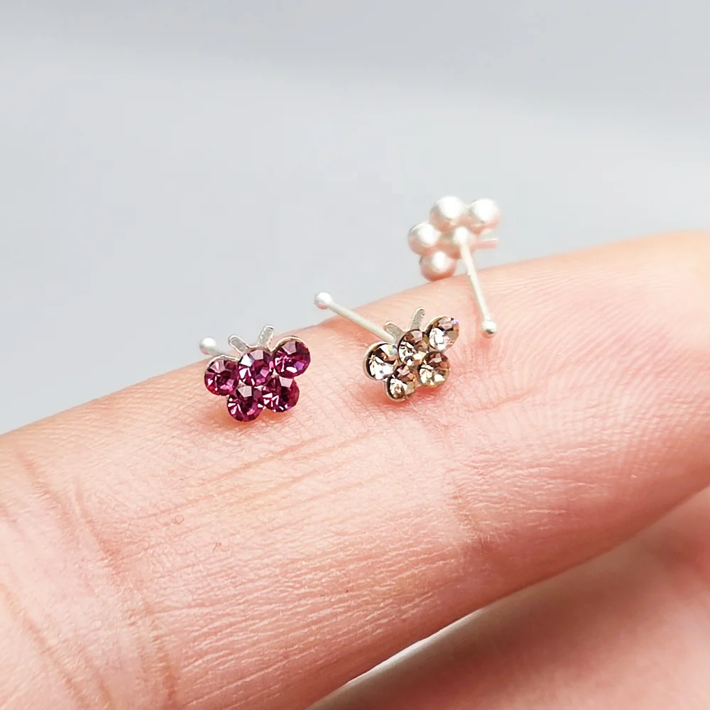 Wholesale 925 Sterling Silver Needle Nose Rings Stud Earrings CZ Butterfly I Shape Nose Studs Body Piercing Jewelry