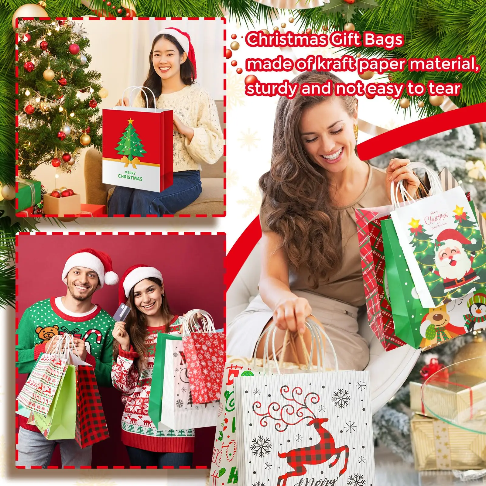 Christmas Gift Bags with Tissue Paper Xmas Gift Bag for Presents Assorted Christmas Tote Bags for School Family Holiday Party