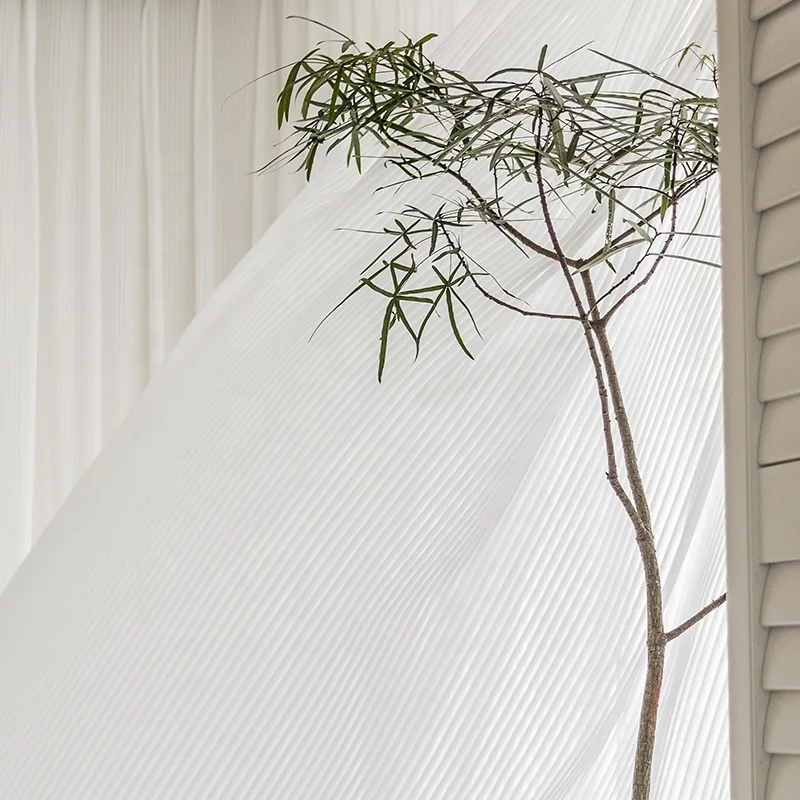 Fancy White Voile Light Filtering Vertical Striped Louver Sheer Curtains For Living Room