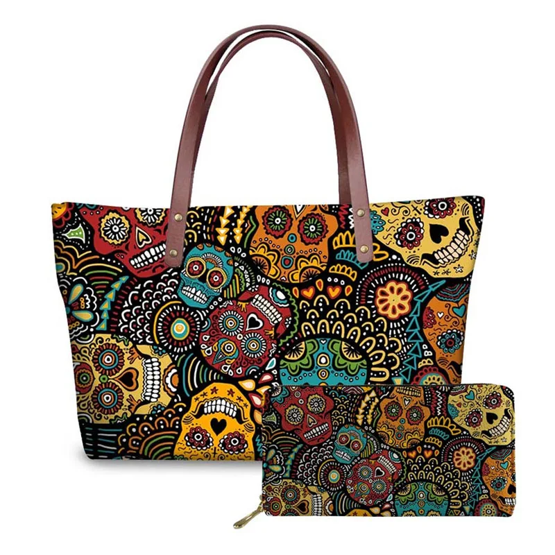Fashion Beautiful Gothic Sugar Skull Printed Shoulder Bag Women Luxury Handbags and Purses Set Women Bags