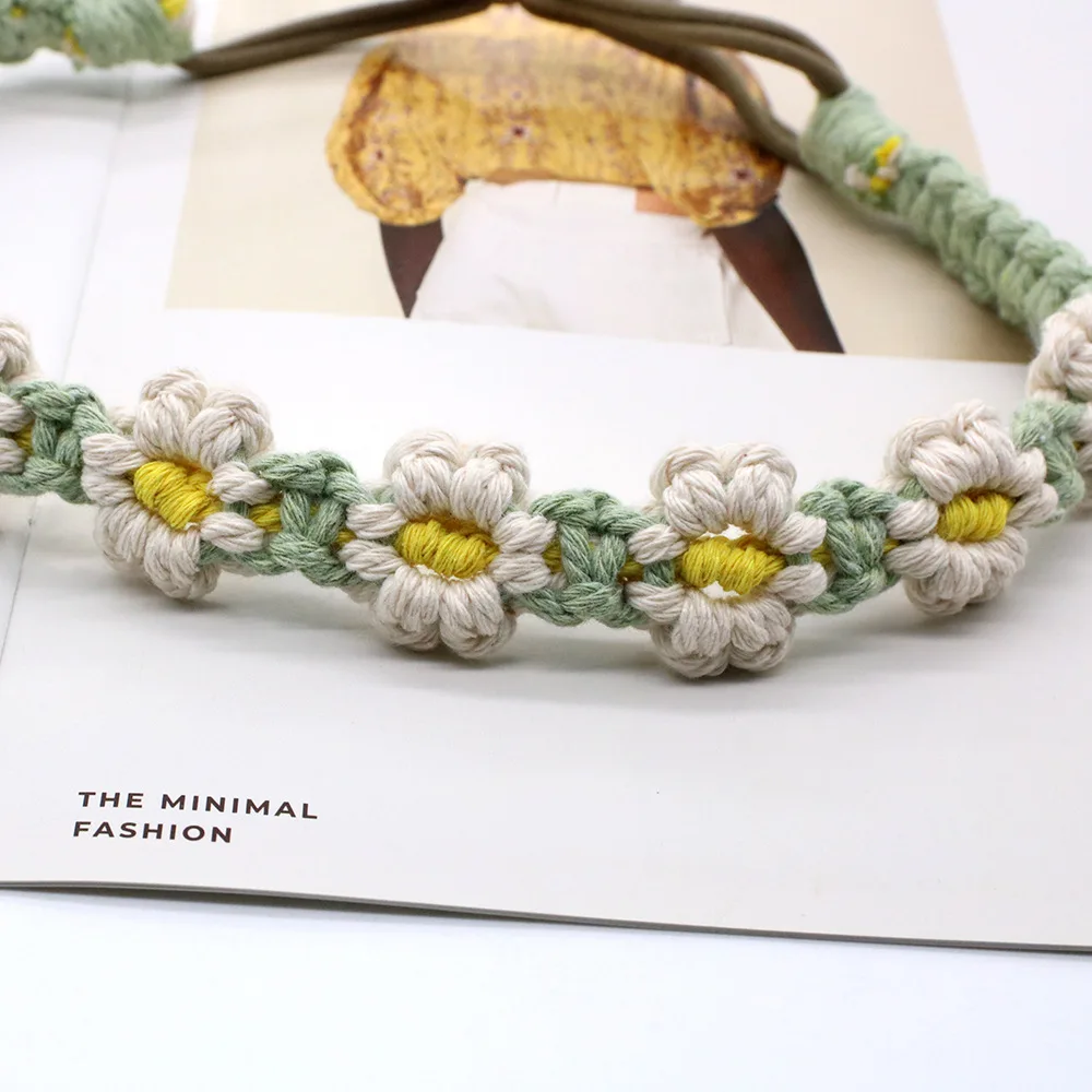 Handmade Daisy Macrame Boho Hair Bands Elastic Braided Flower Crown Headwrap Crochet Headbands for Women Girls