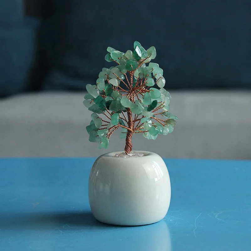 Rose Quartz Gemstone Healing Crystal Money Tree Copper Wire Wrapped on Natural Rose Quartz Base Ornament Feng Shui Luck Figurine