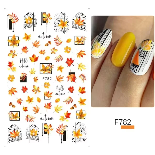 QM Series Black Letter Laser Bronzing Nails Sticker Maple Leaf Nail Art Decals Decoration