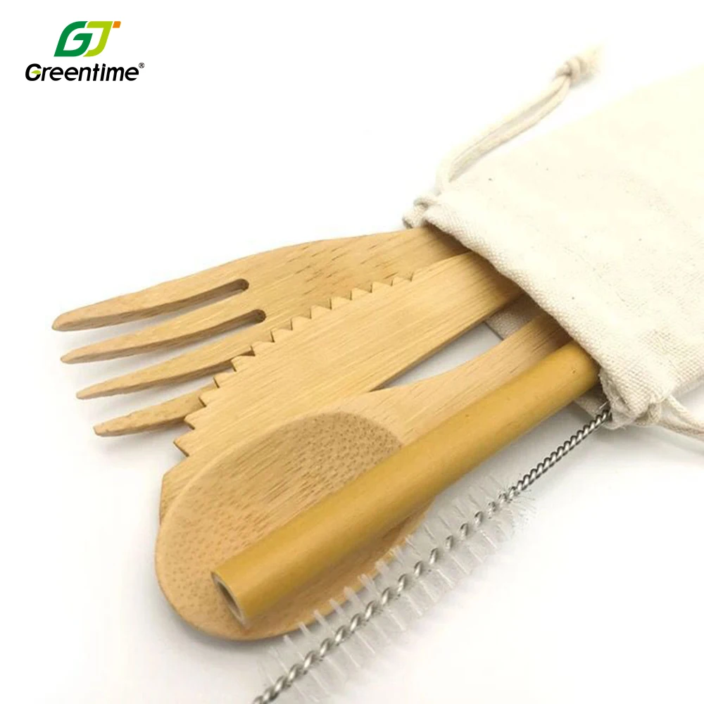 Customized Logo Wood Spoon Fork Knife Straw Biodegradable Bamboo Disposable Cutlery Set With Packs For Party Travel Utensils