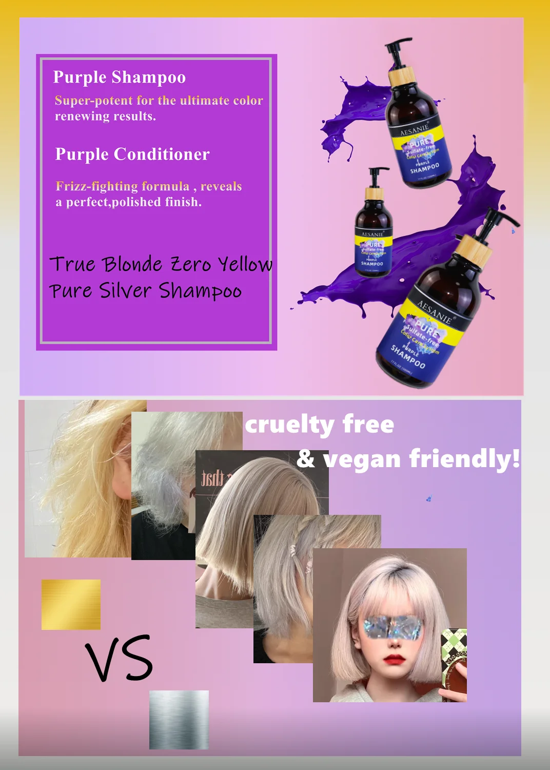 OEM OBM Sulfate Free Private Label anti hair loss anti hair brass Conditioner Paraben Free Purple Silver Shampoo for blond hair
