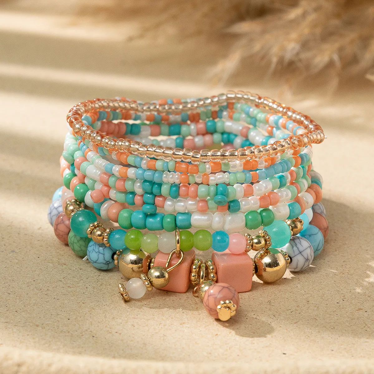 Boho Elastic Gold Plated Layered Crystal Pearl Seed Beaded Butterfly Bracelet Women Turquoise Shell Bracelet For Gift