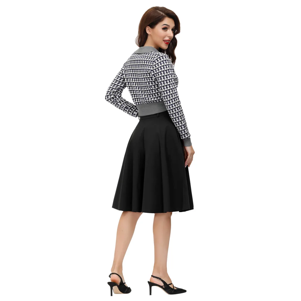 Belle Poque BP000571 Womens Buttons Decorated Flared A-Line Skirt With Belt Pockets Knee Length Vintage Skirts