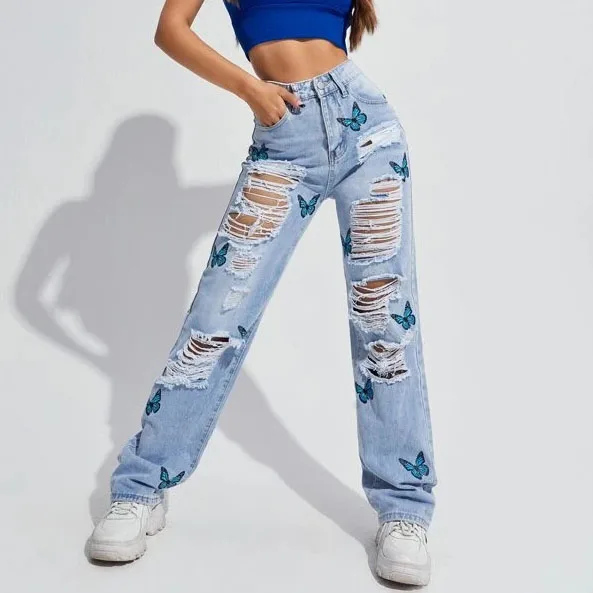 Рваные прямые джинсы с принтом бабочки, женские повседневные джинсы с высокой талией
