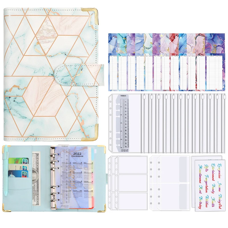 A6 Loose-leaf Rings Binder New Gold Stamping Marble Pu Leather Budget Binder With Cash Envelopes Journal Notebook Planner Diary
