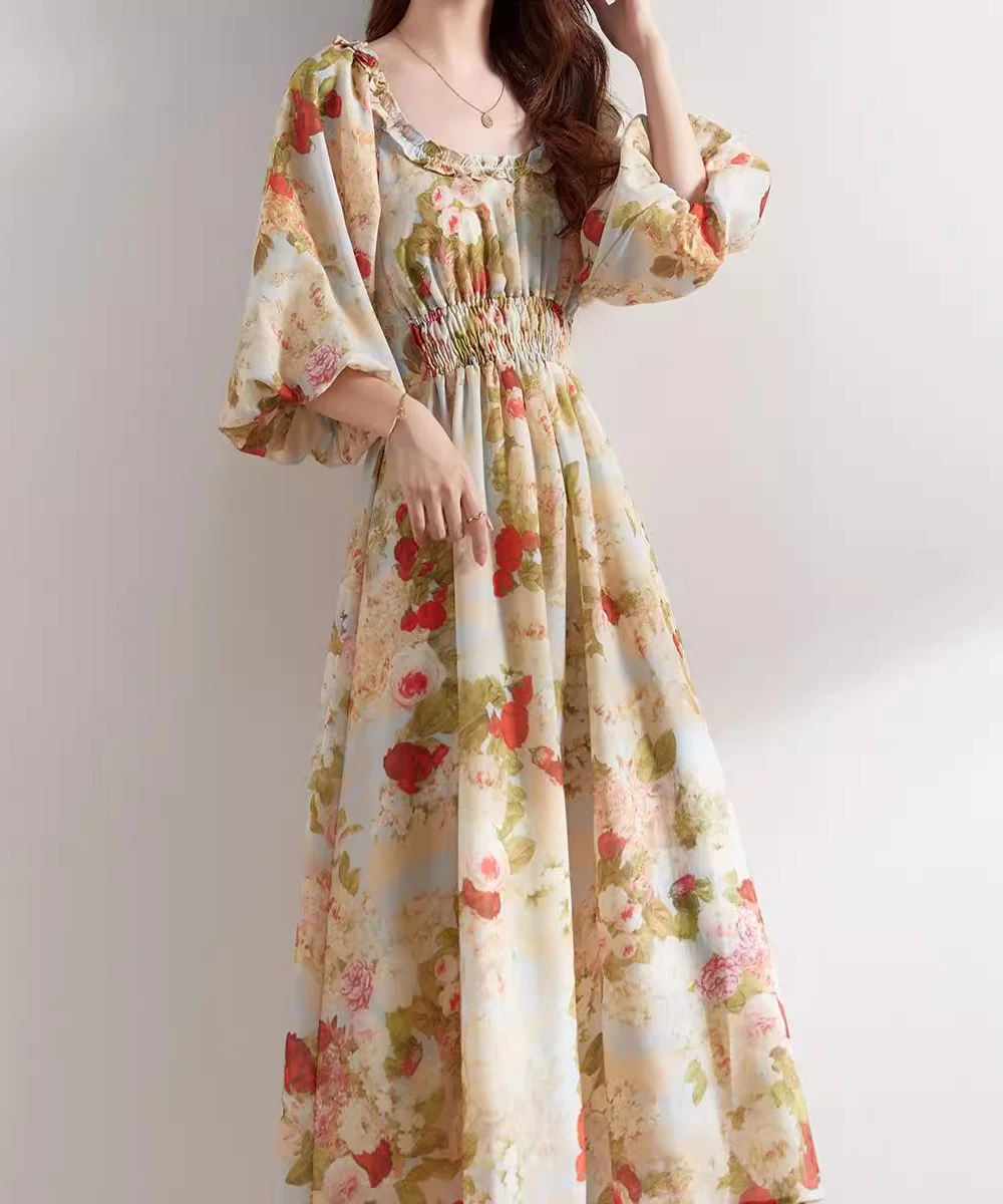 wholesale floral midi lantern sleeve vintage dress