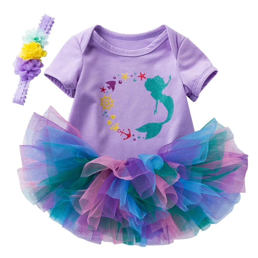 
Toddler short sleeve princess onesie with headband purple printed tutu dress baby romper 