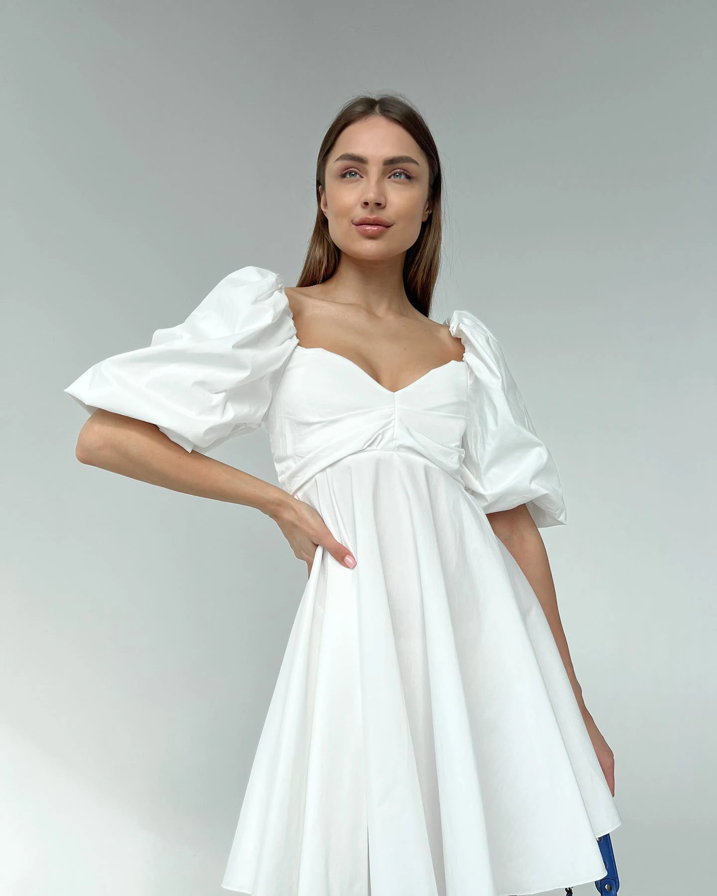 OOTN 2022 Lady Women Elegant Pleated Casual Party Prom Dresses Puff Sleeve Square Neck A-Line Mini Dress Summer Sexy White Dress