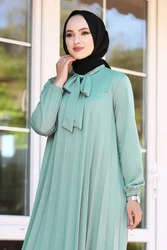 Muslim women casual crew neck tunic modest top custom turkey muslim long sleeve pleated chiffon blouse